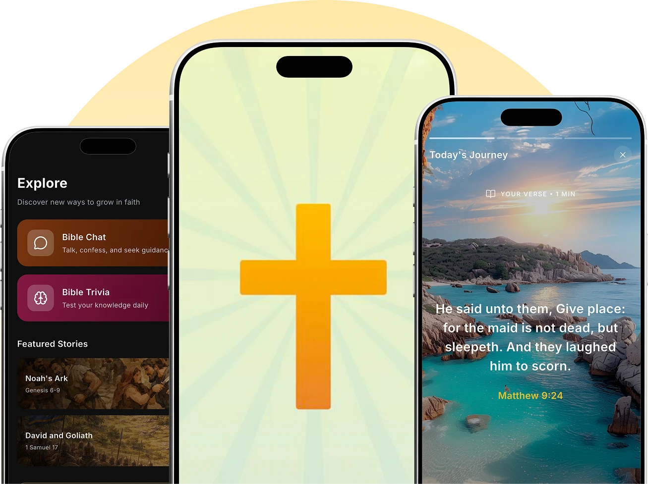 Mobile app screens showing Bible chat, trivia, and daily verses.